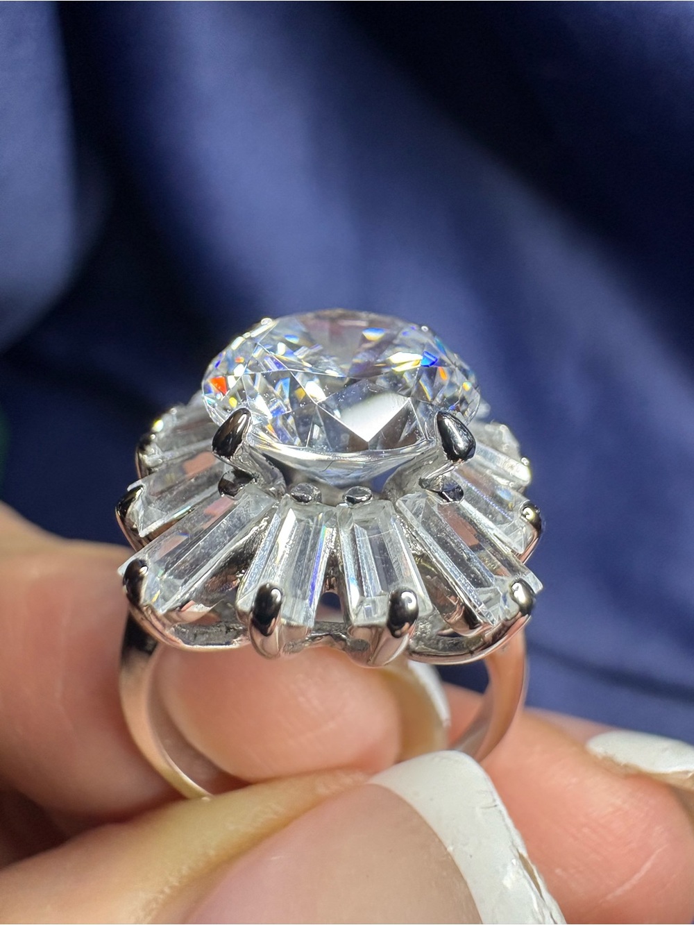 Ring 925 Sterling Silver Cubic Zirconia Starburst Cocktail Sparkling - Picture 2 of 11